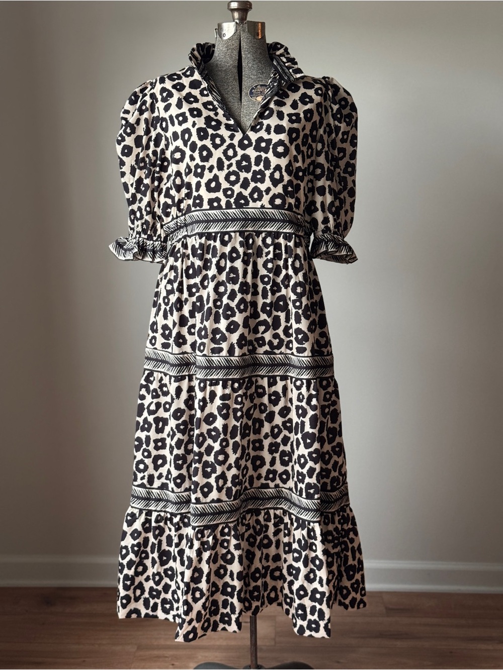 Gretchen Scott Black and Cream Leopard Print Tiered Midi Dress